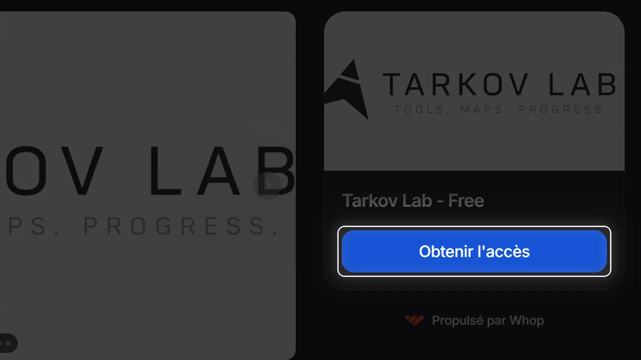 Whop page for Tarkov Lab, the Get access button highlighted