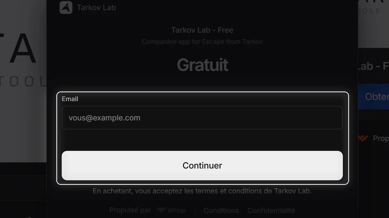 Whop checkout, the email field and the Continue button highlighted
