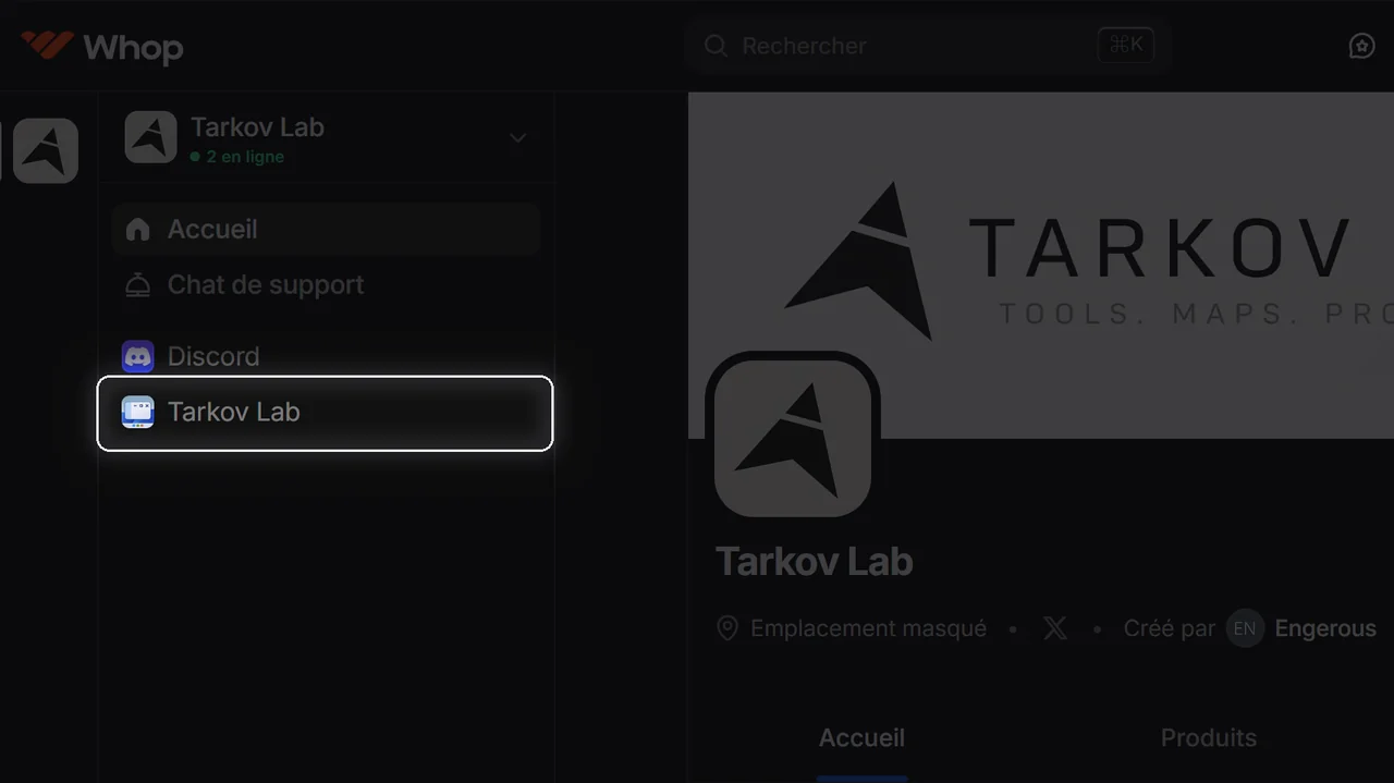 Whop dashboard, the Tarkov Lab entry highlighted in the left sidebar