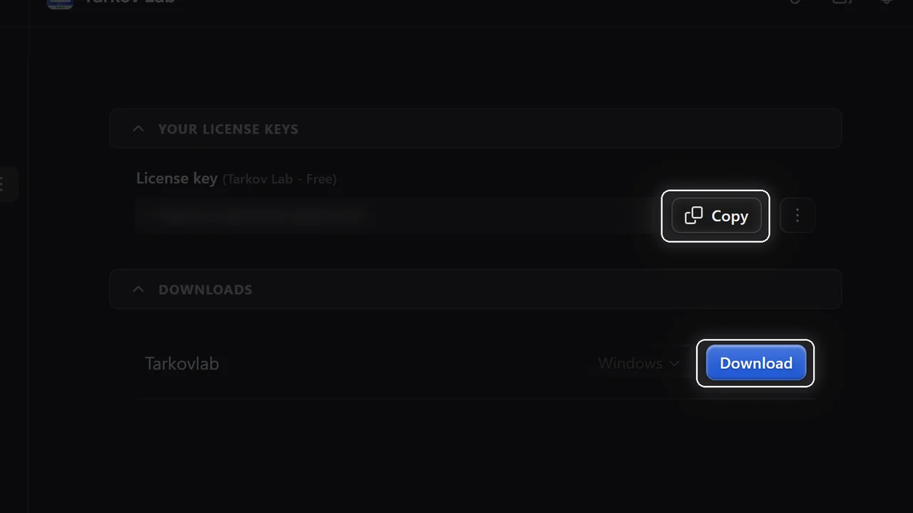 Whop dashboard, Copy and Download highlighted, the license key blurred