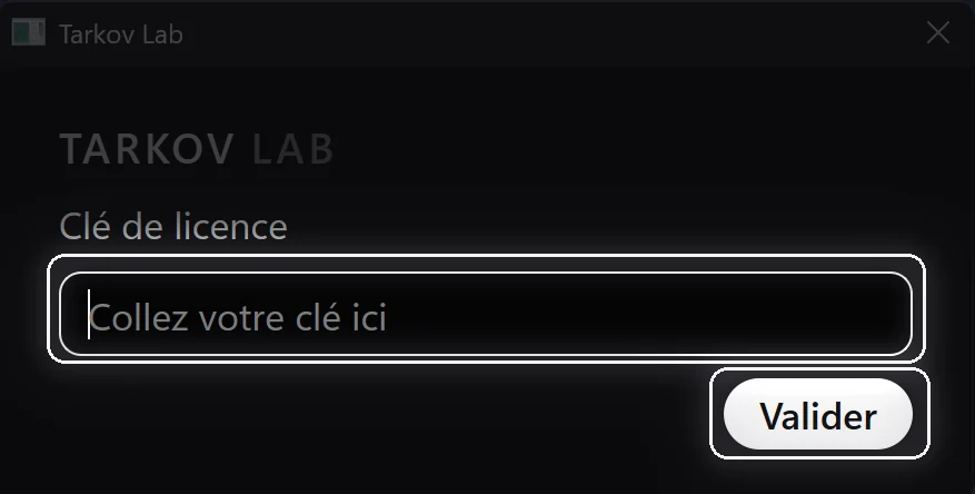Tarkov Lab license window, the key field and the Validate button highlighted