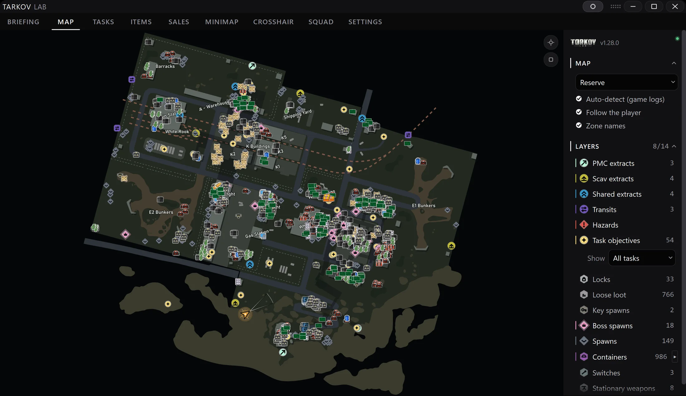 Tarkov Lab interactive map with player position, extracts and quest objectives