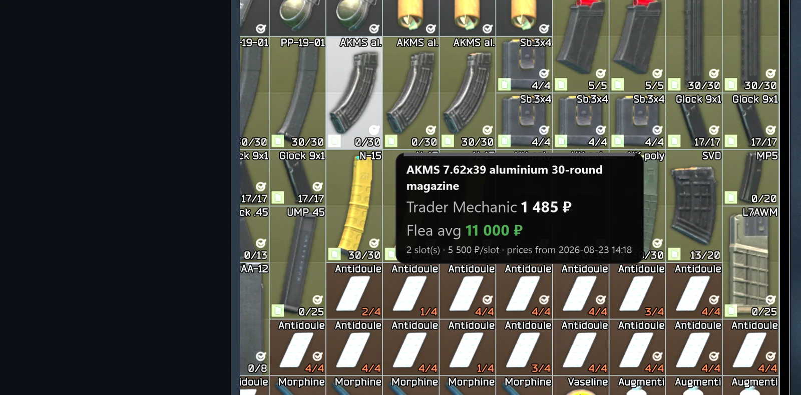 Market price shown while hovering an item in the stash